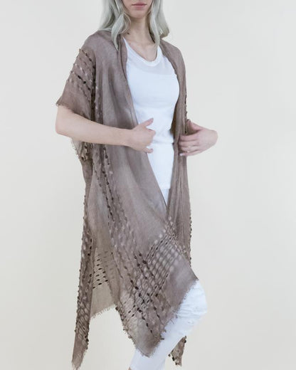 One Size Natural Mineral Washed Semi-Sheer Kimono Cover-Up Chenille Detail, Boho Fashion Half Sleeve Open Front Outerwear for Summer, Women'S Clothes for Daily Wear