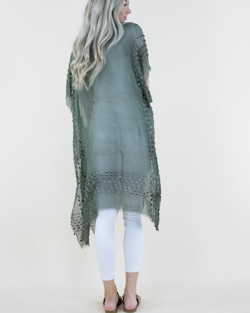 One Size Natural Mineral Washed Semi-Sheer Kimono Cover-Up Chenille Detail, Boho Fashion Half Sleeve Open Front Outerwear for Summer, Women'S Clothes for Daily Wear