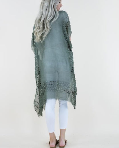 One Size Natural Mineral Washed Semi-Sheer Kimono Cover-Up Chenille Detail, Boho Fashion Half Sleeve Open Front Outerwear for Summer, Women'S Clothes for Daily Wear