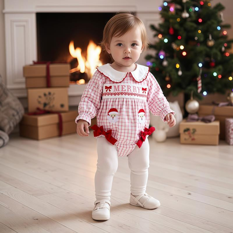 REDWOON Newborn Infant Baby Girl Christmas Outfit Santa Embroidery Long Sleeve Smocked Bubble Romper Ruffle Bodysuit 0-18 Months