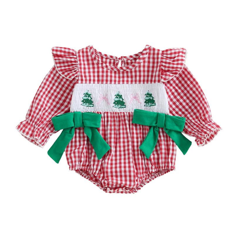 REDWOON Newborn Infant Baby Girl Christmas Outfit Santa Embroidery Long Sleeve Smocked Bubble Romper Ruffle Bodysuit 0-18 Months