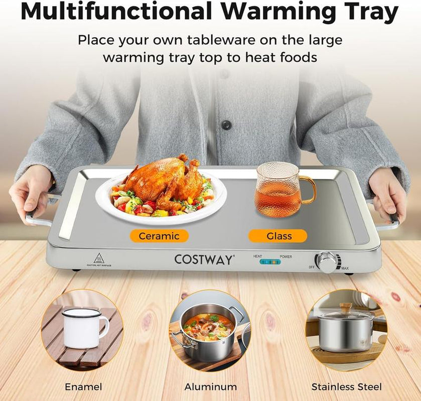 [Costway]-Buffet Servers and Warmers, 2 in 1 Electric Warming Tray, 450W Stainless Steel Chafing Dish with Temperature Control, 3 Serving Trays, 8 Qt Food Warmers Station for Parties Banquets Events-Mother'S Day Gift