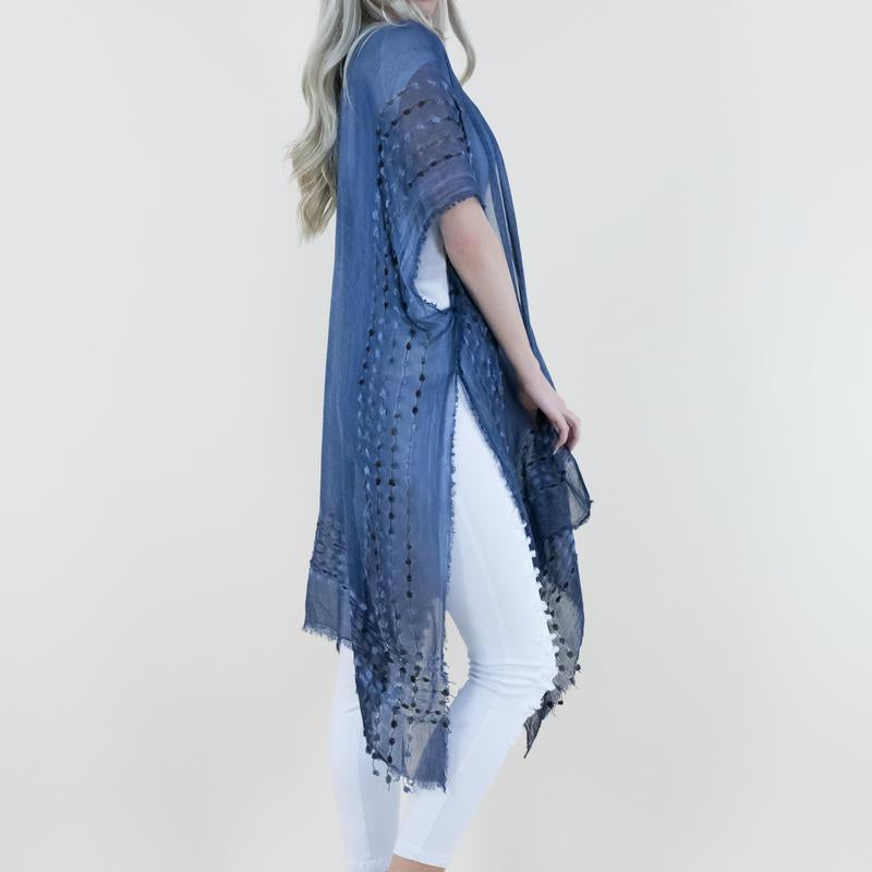 One Size Natural Mineral Washed Semi-Sheer Kimono Cover-Up Chenille Detail, Boho Fashion Half Sleeve Open Front Outerwear for Summer, Women'S Clothes for Daily Wear