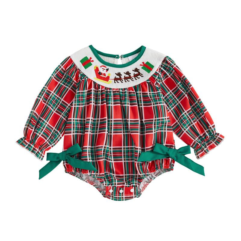 REDWOON Newborn Infant Baby Girl Christmas Outfit Santa Embroidery Long Sleeve Smocked Bubble Romper Ruffle Bodysuit 0-18 Months