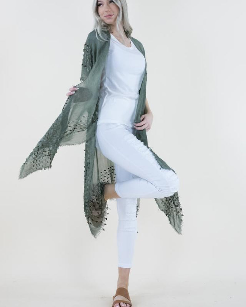 One Size Natural Mineral Washed Semi-Sheer Kimono Cover-Up Chenille Detail, Boho Fashion Half Sleeve Open Front Outerwear for Summer, Women'S Clothes for Daily Wear