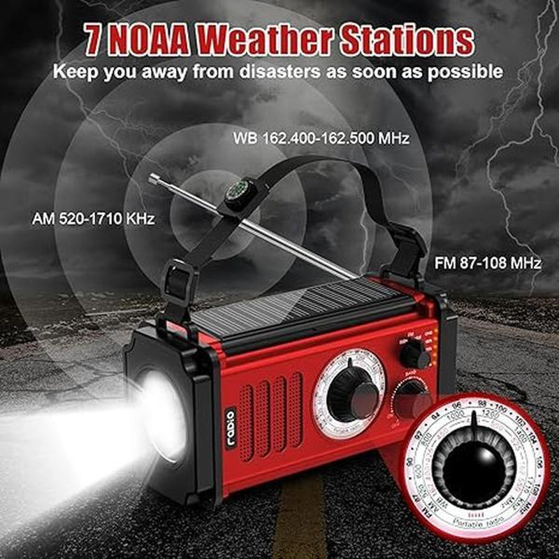 37000Mwh Hand Crank Solar Radio for Emergencies: AM/FM/NOAA, Rechargeable Battery, USB Charger, SOS Alarm, Flashlight & Reading Lamp for Survival Outdoor