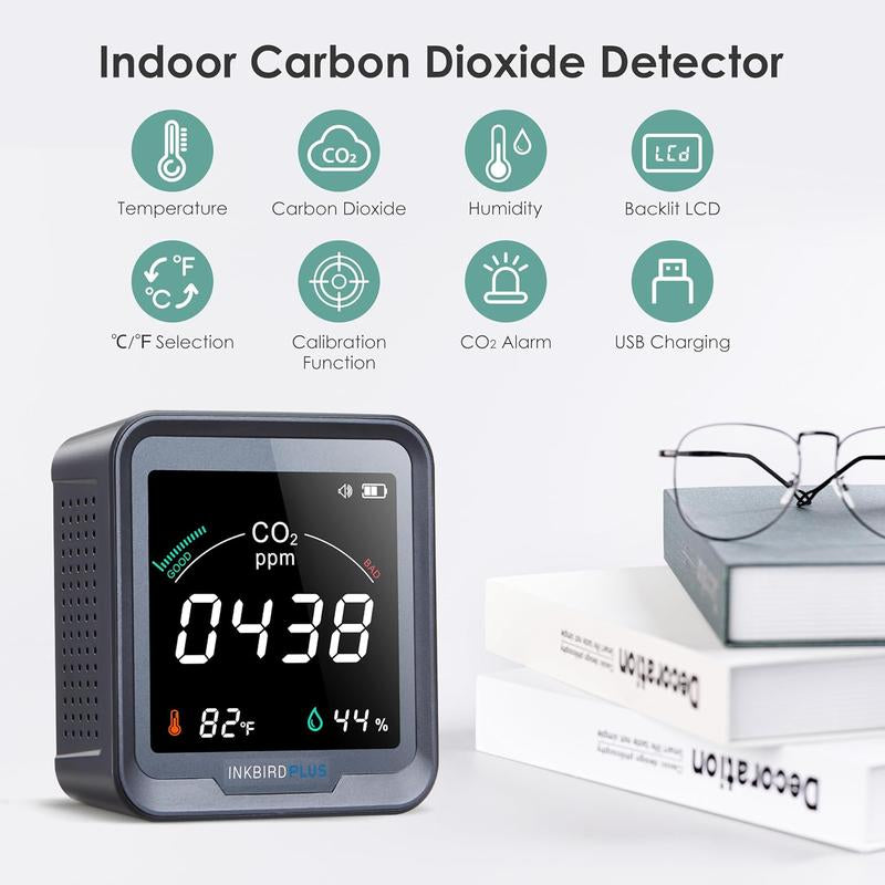 INKBIRDPLUS Indoor Air Quality Monitor, Detects CO2, PM2.5, PM10, AQI, Temperature and Humidity with Alarm, for Rooms, Cellars, Grow Tents, Etc