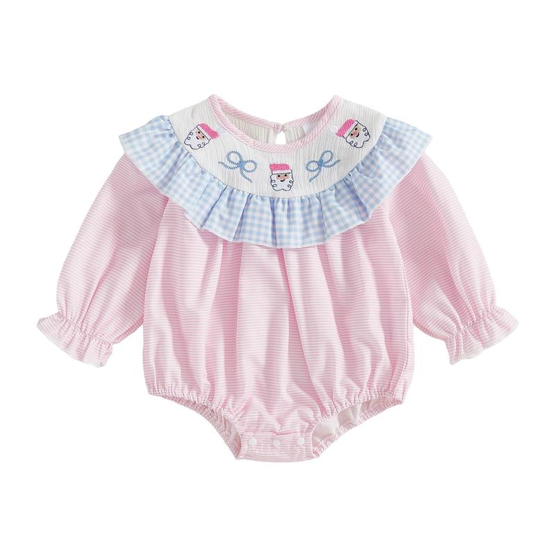 REDWOON Newborn Infant Baby Girl Christmas Outfit Santa Embroidery Long Sleeve Smocked Bubble Romper Ruffle Bodysuit 0-18 Months