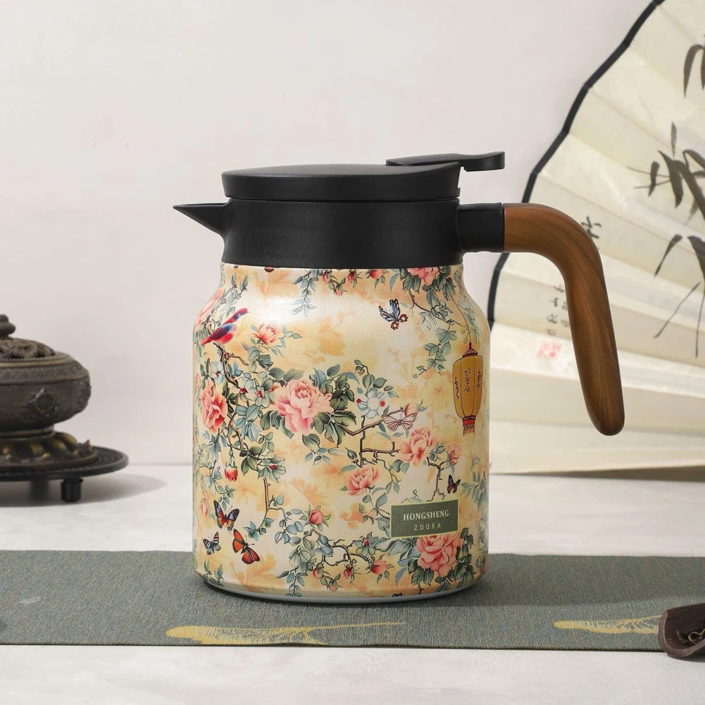 Vintage Floral Pattern Tea Thermos Built-In Infuser 800/1000Ml Floral Tea Kettle Stewed Teapot Tea Separation Water Bottle