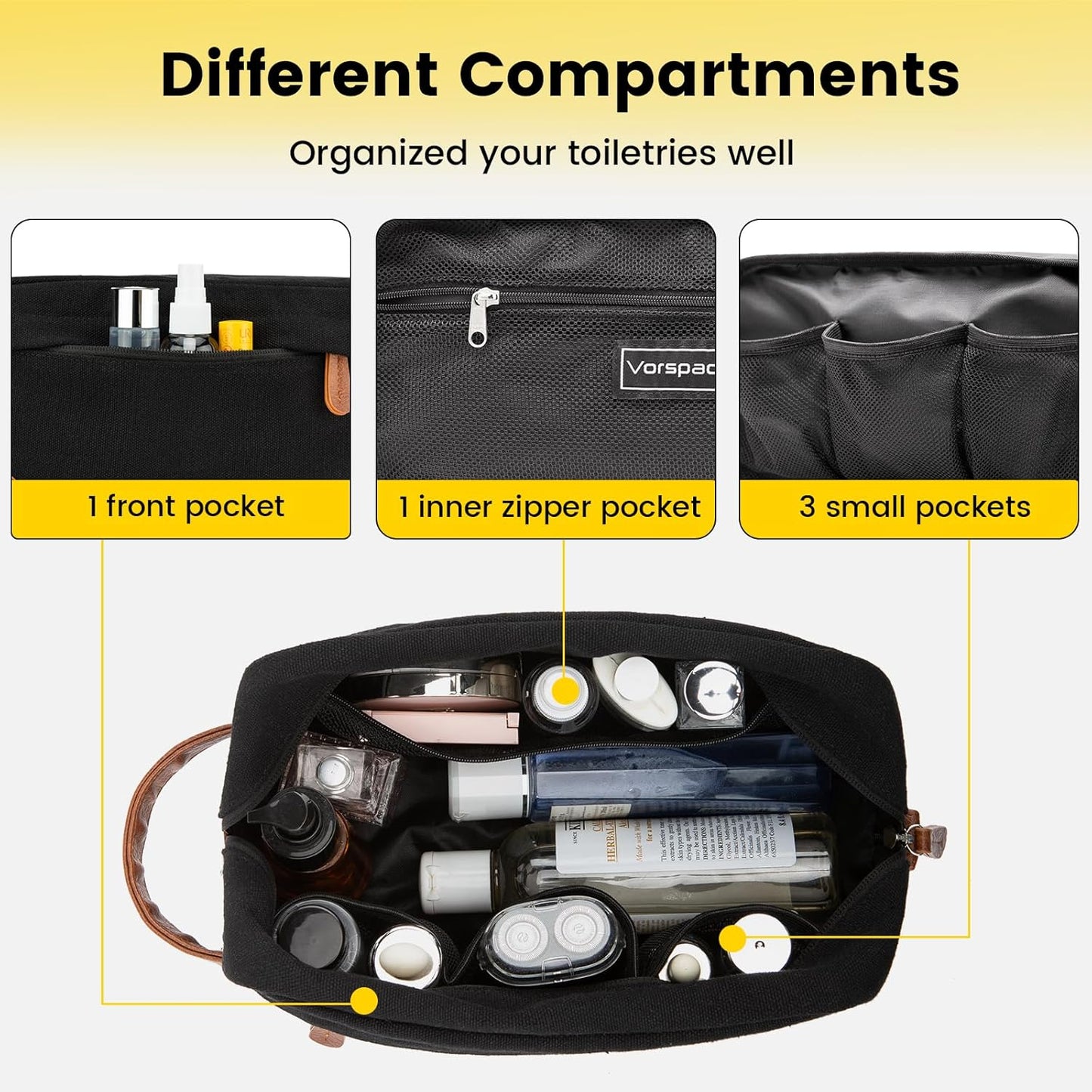 Men's Water-Resistant Hanging Toiletry Bag - Large Capacity Canvas Dopp Kit for Travel - Black