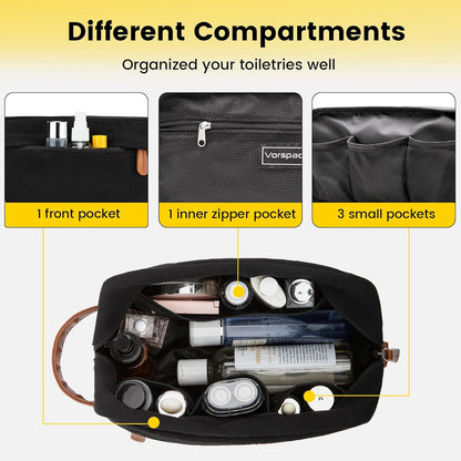 Men's Water-Resistant Hanging Toiletry Bag - Large Capacity Canvas Dopp Kit for Travel - Black