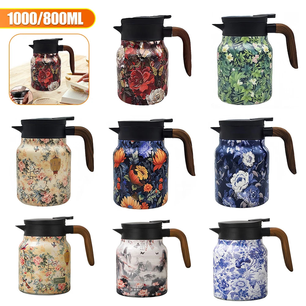 Vintage Floral Pattern Tea Thermos Built-In Infuser 800/1000Ml Floral Tea Kettle Stewed Teapot Tea Separation Water Bottle