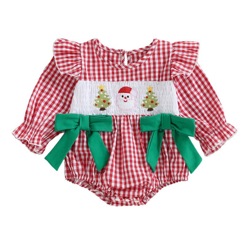 REDWOON Newborn Infant Baby Girl Christmas Outfit Santa Embroidery Long Sleeve Smocked Bubble Romper Ruffle Bodysuit 0-18 Months