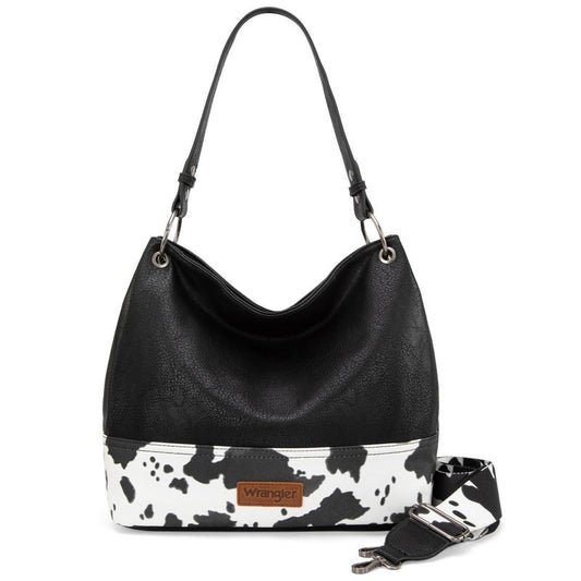 Wrangler Cow Print Hobo Bag Vegan Leather for Woman with Wide Guitar Strap
