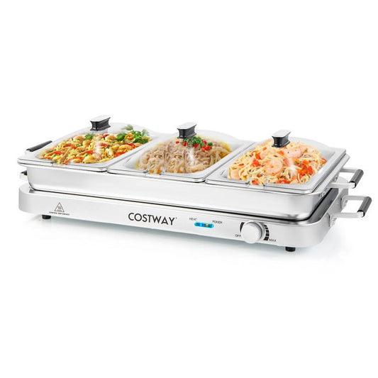 [Costway]-Buffet Servers and Warmers, 2 in 1 Electric Warming Tray, 450W Stainless Steel Chafing Dish with Temperature Control, 3 Serving Trays, 8 Qt Food Warmers Station for Parties Banquets Events-Mother'S Day Gift
