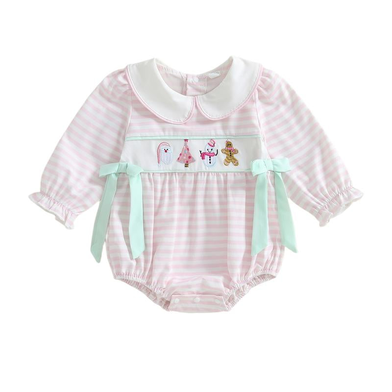 REDWOON Newborn Infant Baby Girl Christmas Outfit Santa Embroidery Long Sleeve Smocked Bubble Romper Ruffle Bodysuit 0-18 Months