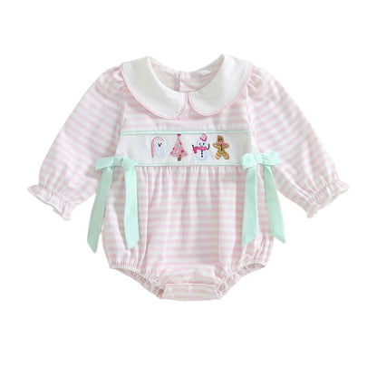 REDWOON Newborn Infant Baby Girl Christmas Outfit Santa Embroidery Long Sleeve Smocked Bubble Romper Ruffle Bodysuit 0-18 Months