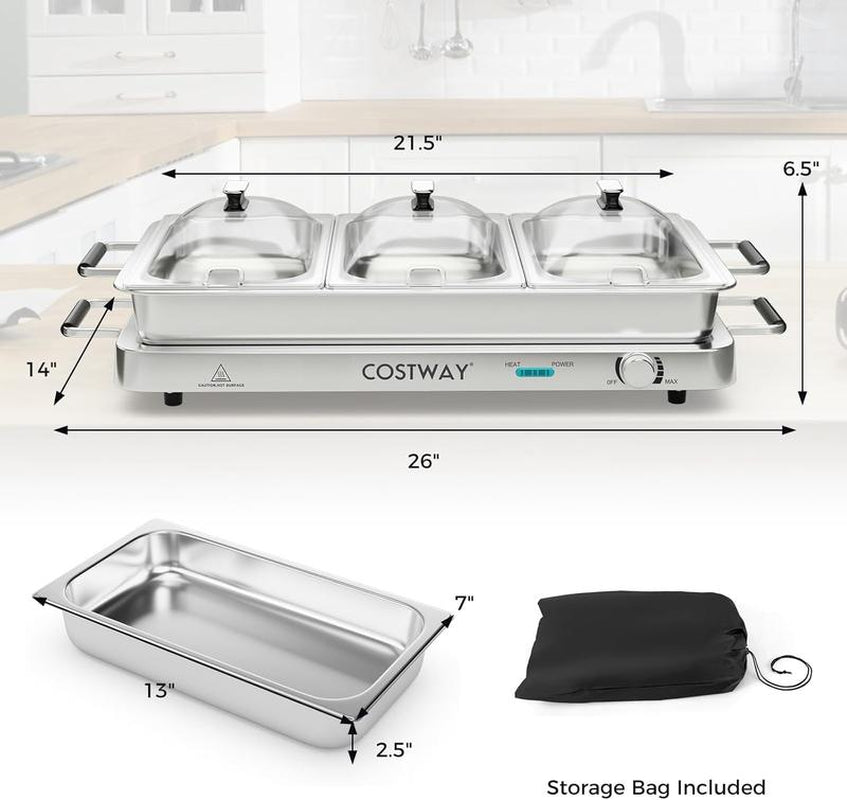 [Costway]-Buffet Servers and Warmers, 2 in 1 Electric Warming Tray, 450W Stainless Steel Chafing Dish with Temperature Control, 3 Serving Trays, 8 Qt Food Warmers Station for Parties Banquets Events-Mother'S Day Gift