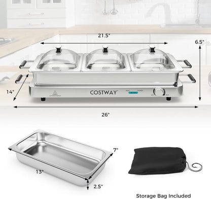 [Costway]-Buffet Servers and Warmers, 2 in 1 Electric Warming Tray, 450W Stainless Steel Chafing Dish with Temperature Control, 3 Serving Trays, 8 Qt Food Warmers Station for Parties Banquets Events-Mother'S Day Gift
