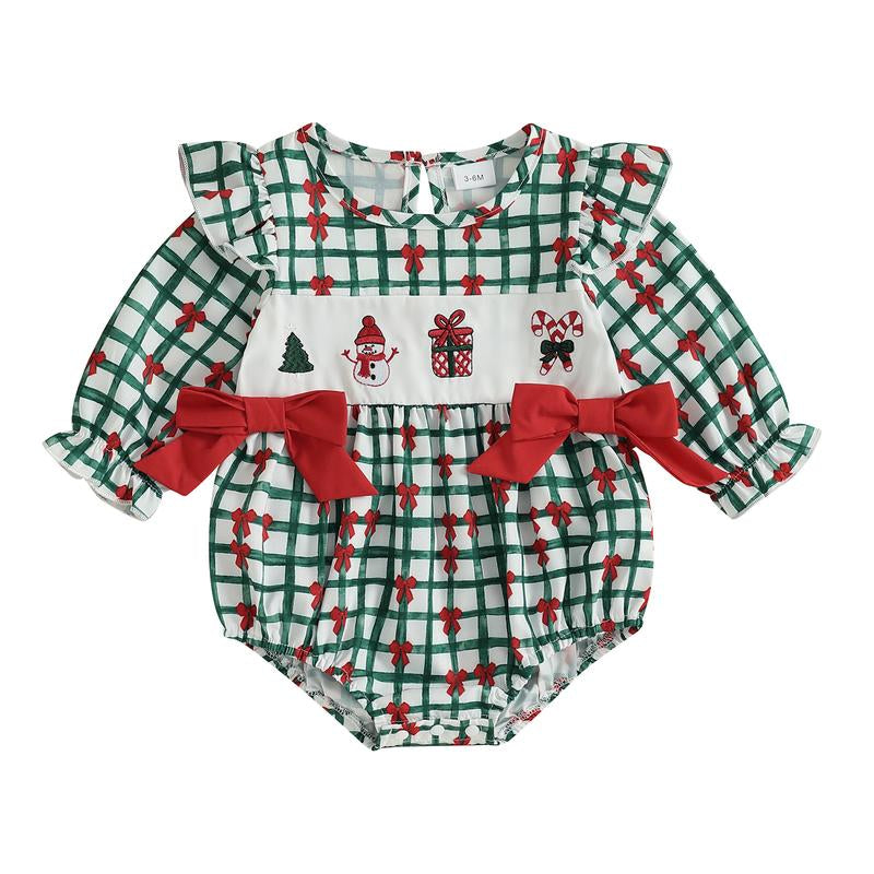 REDWOON Newborn Infant Baby Girl Christmas Outfit Santa Embroidery Long Sleeve Smocked Bubble Romper Ruffle Bodysuit 0-18 Months