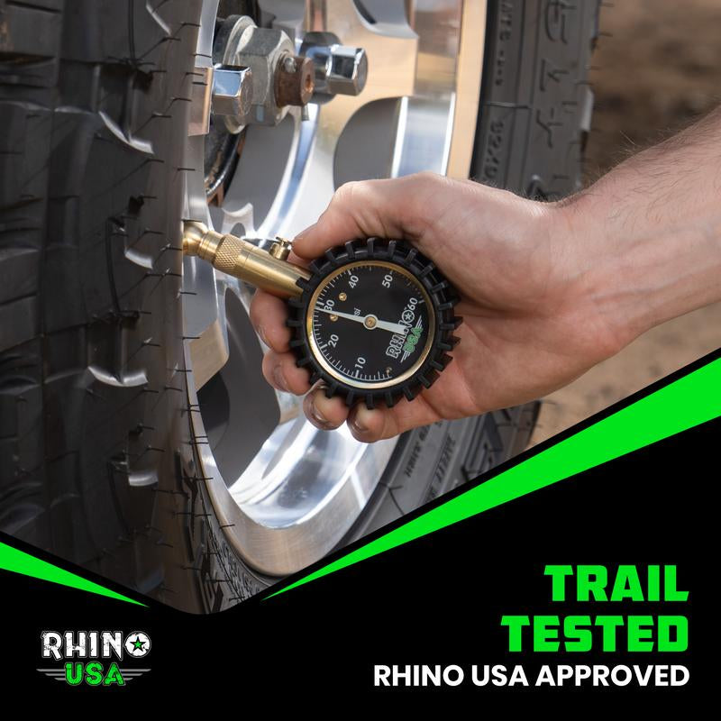 Rhino USA Heavy Duty Tire Pressure Gauge (0-60 PSI) Certified ANSI B40.1 Accurate, Large 2" Easy Read Glow Dial, 360 Swivel Head, Solid Brass Hardware