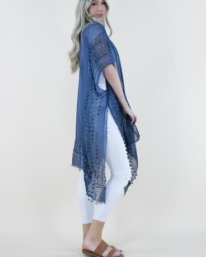 One Size Natural Mineral Washed Semi-Sheer Kimono Cover-Up Chenille Detail, Boho Fashion Half Sleeve Open Front Outerwear for Summer, Women'S Clothes for Daily Wear