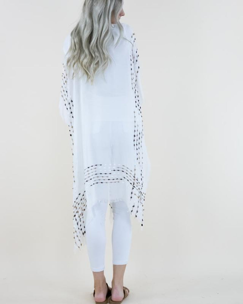 One Size Natural Mineral Washed Semi-Sheer Kimono Cover-Up Chenille Detail, Boho Fashion Half Sleeve Open Front Outerwear for Summer, Women'S Clothes for Daily Wear