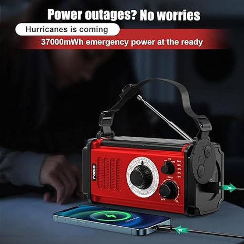 37000Mwh Hand Crank Solar Radio for Emergencies: AM/FM/NOAA, Rechargeable Battery, USB Charger, SOS Alarm, Flashlight & Reading Lamp for Survival Outdoor