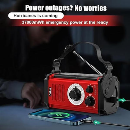 37000Mwh Hand Crank Solar Radio for Emergencies: AM/FM/NOAA, Rechargeable Battery, USB Charger, SOS Alarm, Flashlight & Reading Lamp for Survival Outdoor