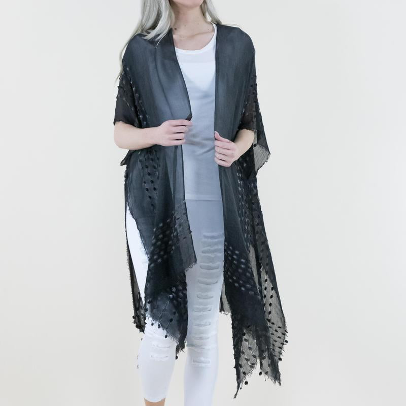 One Size Natural Mineral Washed Semi-Sheer Kimono Cover-Up Chenille Detail, Boho Fashion Half Sleeve Open Front Outerwear for Summer, Women'S Clothes for Daily Wear