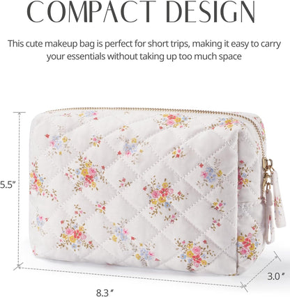 Medium Floral Cotton Quilted Makeup Bag - Aesthetic Travel Cosmetic Pouch for Women