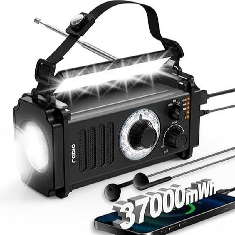 37000Mwh Hand Crank Solar Radio for Emergencies: AM/FM/NOAA, Rechargeable Battery, USB Charger, SOS Alarm, Flashlight & Reading Lamp for Survival Outdoor