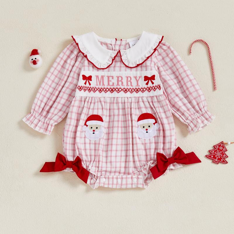 REDWOON Newborn Infant Baby Girl Christmas Outfit Santa Embroidery Long Sleeve Smocked Bubble Romper Ruffle Bodysuit 0-18 Months