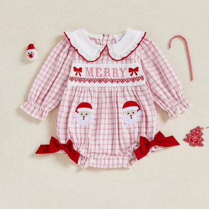 REDWOON Newborn Infant Baby Girl Christmas Outfit Santa Embroidery Long Sleeve Smocked Bubble Romper Ruffle Bodysuit 0-18 Months