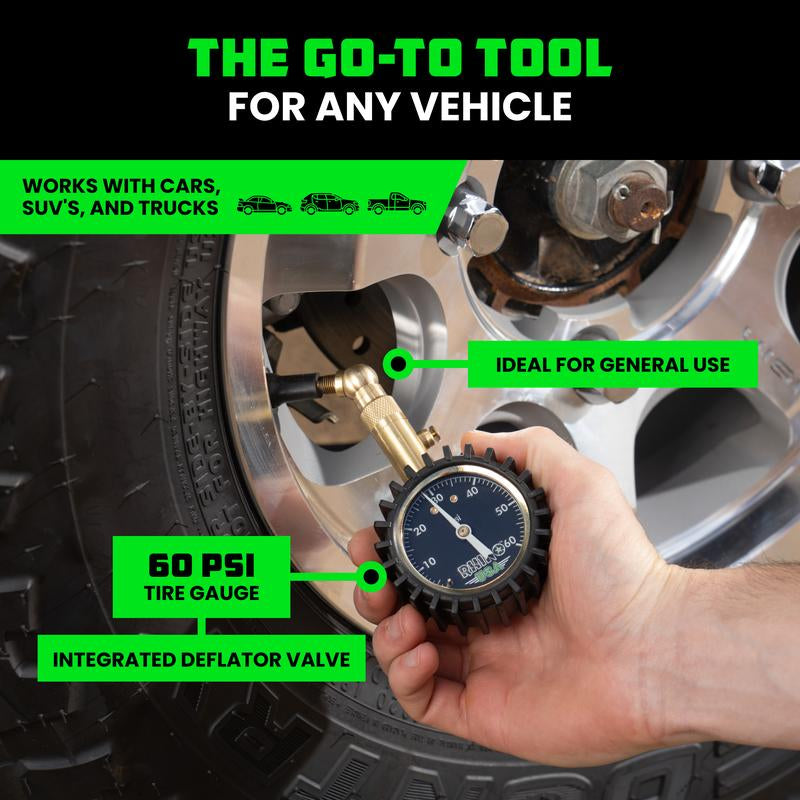 Rhino USA Heavy Duty Tire Pressure Gauge (0-60 PSI) Certified ANSI B40.1 Accurate, Large 2" Easy Read Glow Dial, 360 Swivel Head, Solid Brass Hardware