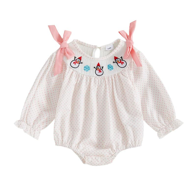 REDWOON Newborn Infant Baby Girl Christmas Outfit Santa Embroidery Long Sleeve Smocked Bubble Romper Ruffle Bodysuit 0-18 Months