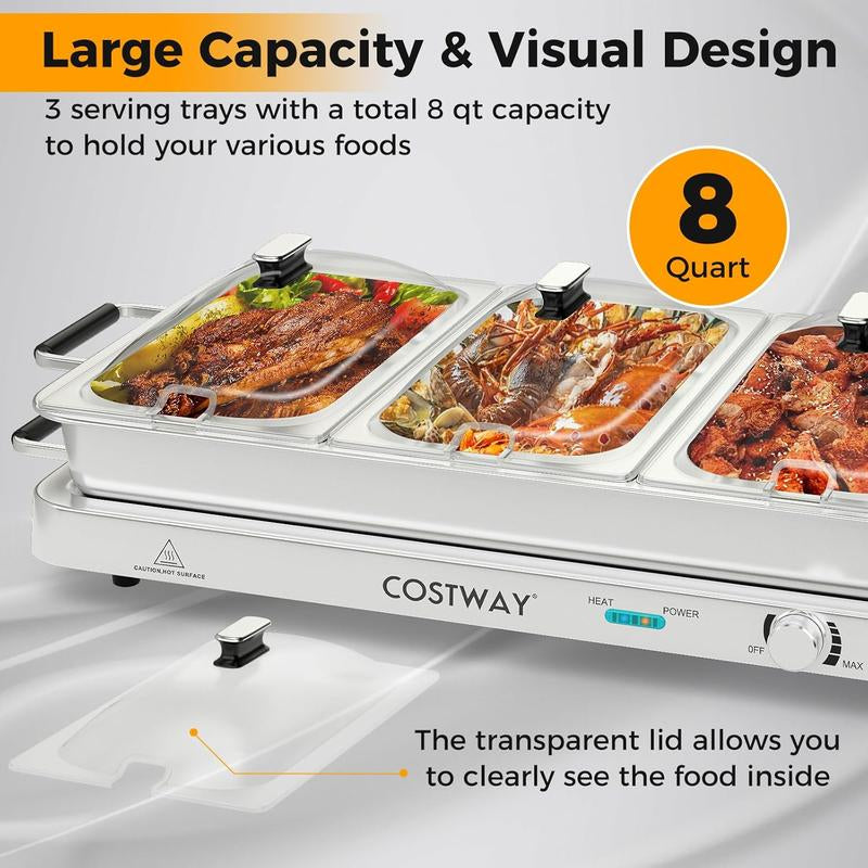 [Costway]-Buffet Servers and Warmers, 2 in 1 Electric Warming Tray, 450W Stainless Steel Chafing Dish with Temperature Control, 3 Serving Trays, 8 Qt Food Warmers Station for Parties Banquets Events-Mother'S Day Gift