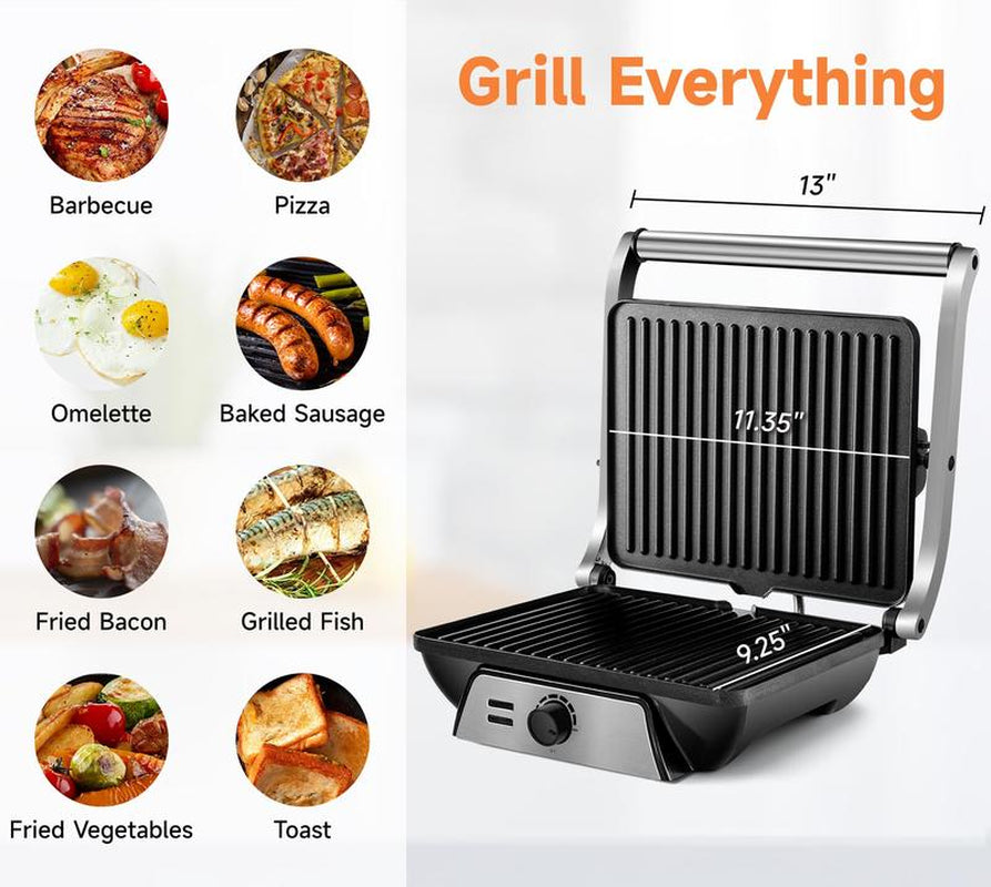 SUSTEAS 3-In-1 Electric Indoor Grill - Panini Press with Non-Stick Cooking Plates, Opens 180-Degree Gourmet Sandwich Maker, Floating Hinge Fits All Foods, Panini Press Grill with Grease Tray
