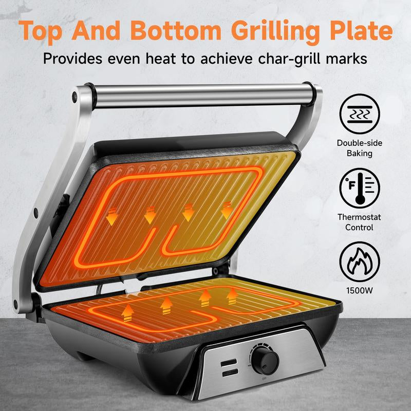 SUSTEAS 3-In-1 Electric Indoor Grill - Panini Press with Non-Stick Cooking Plates, Opens 180-Degree Gourmet Sandwich Maker, Floating Hinge Fits All Foods, Panini Press Grill with Grease Tray