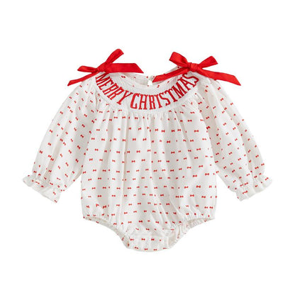 REDWOON Newborn Infant Baby Girl Christmas Outfit Santa Embroidery Long Sleeve Smocked Bubble Romper Ruffle Bodysuit 0-18 Months