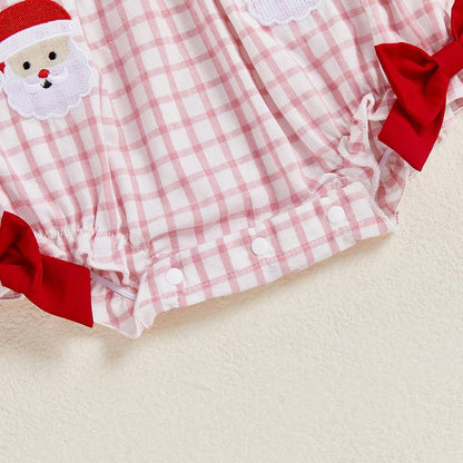 REDWOON Newborn Infant Baby Girl Christmas Outfit Santa Embroidery Long Sleeve Smocked Bubble Romper Ruffle Bodysuit 0-18 Months