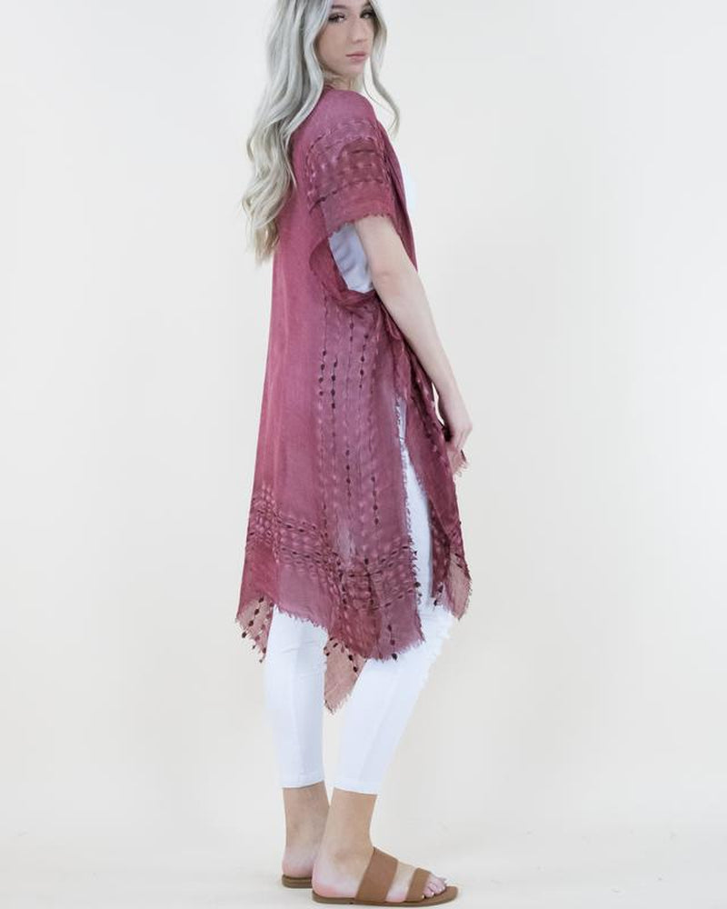 One Size Natural Mineral Washed Semi-Sheer Kimono Cover-Up Chenille Detail, Boho Fashion Half Sleeve Open Front Outerwear for Summer, Women'S Clothes for Daily Wear