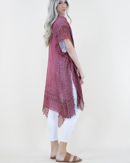 One Size Natural Mineral Washed Semi-Sheer Kimono Cover-Up Chenille Detail, Boho Fashion Half Sleeve Open Front Outerwear for Summer, Women'S Clothes for Daily Wear