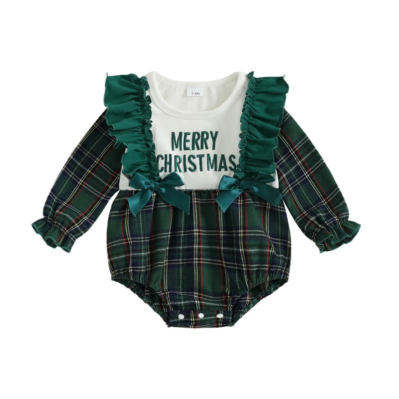 REDWOON Newborn Infant Baby Girl Christmas Outfit Santa Embroidery Long Sleeve Smocked Bubble Romper Ruffle Bodysuit 0-18 Months