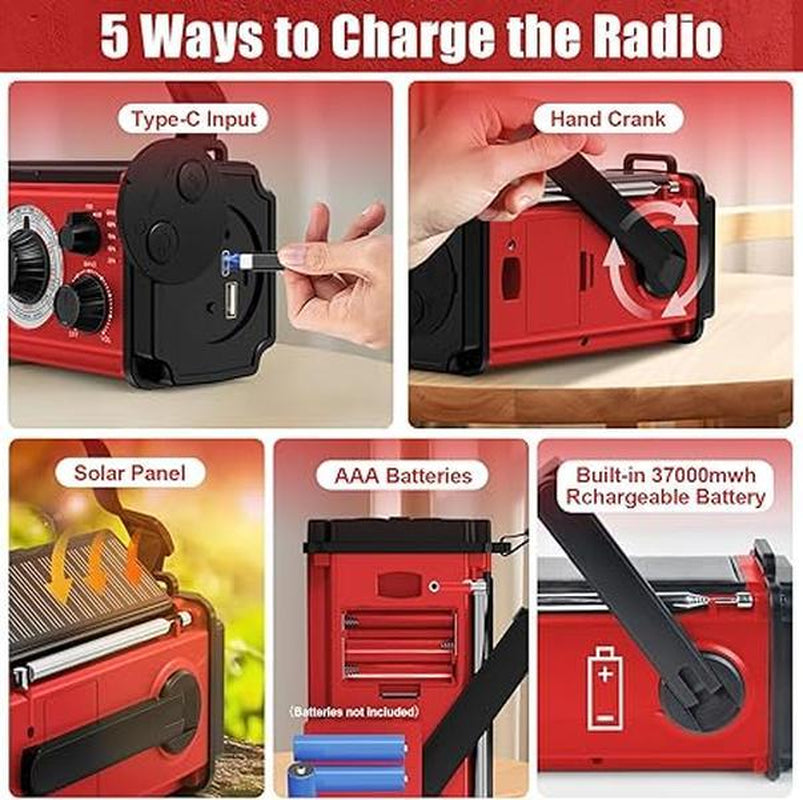 37000Mwh Hand Crank Solar Radio for Emergencies: AM/FM/NOAA, Rechargeable Battery, USB Charger, SOS Alarm, Flashlight & Reading Lamp for Survival Outdoor