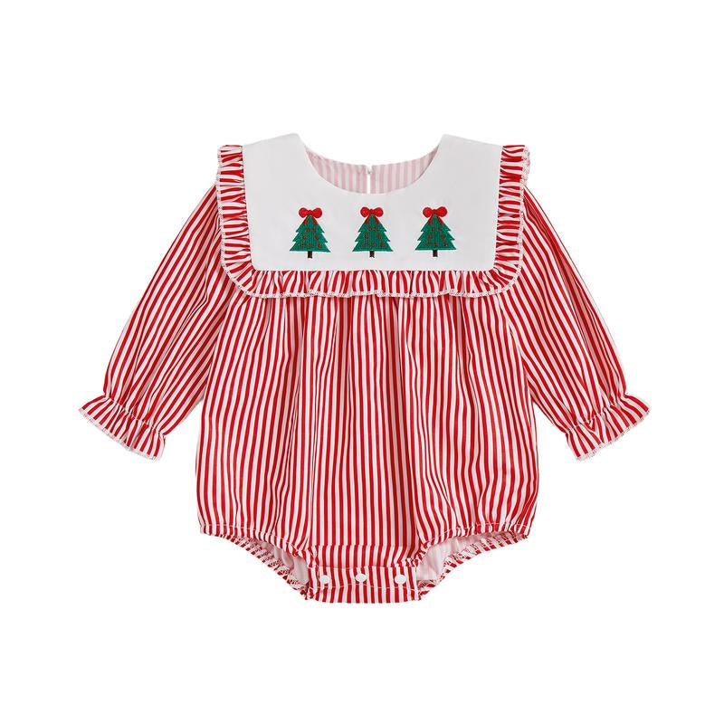 REDWOON Newborn Infant Baby Girl Christmas Outfit Santa Embroidery Long Sleeve Smocked Bubble Romper Ruffle Bodysuit 0-18 Months