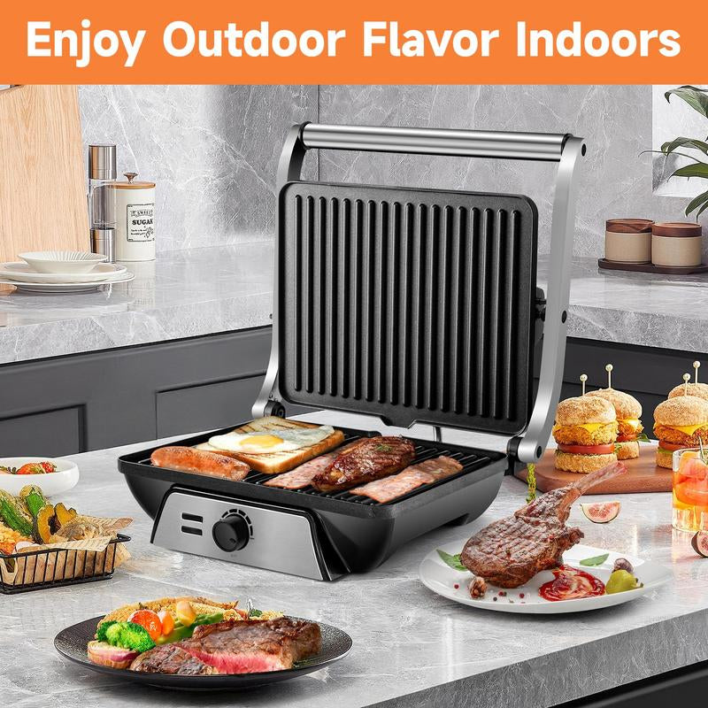 SUSTEAS 3-In-1 Electric Indoor Grill - Panini Press with Non-Stick Cooking Plates, Opens 180-Degree Gourmet Sandwich Maker, Floating Hinge Fits All Foods, Panini Press Grill with Grease Tray