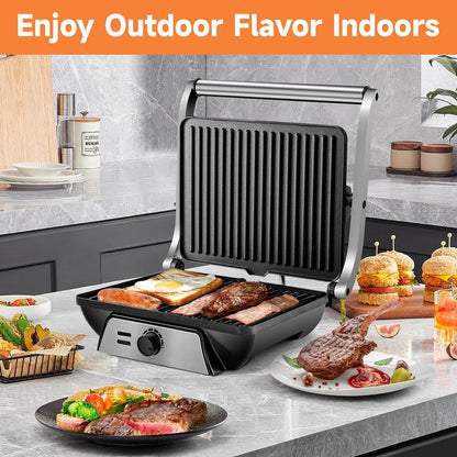 SUSTEAS 3-In-1 Electric Indoor Grill - Panini Press with Non-Stick Cooking Plates, Opens 180-Degree Gourmet Sandwich Maker, Floating Hinge Fits All Foods, Panini Press Grill with Grease Tray