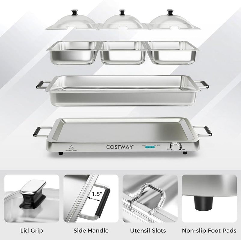 [Costway]-Buffet Servers and Warmers, 2 in 1 Electric Warming Tray, 450W Stainless Steel Chafing Dish with Temperature Control, 3 Serving Trays, 8 Qt Food Warmers Station for Parties Banquets Events-Mother'S Day Gift