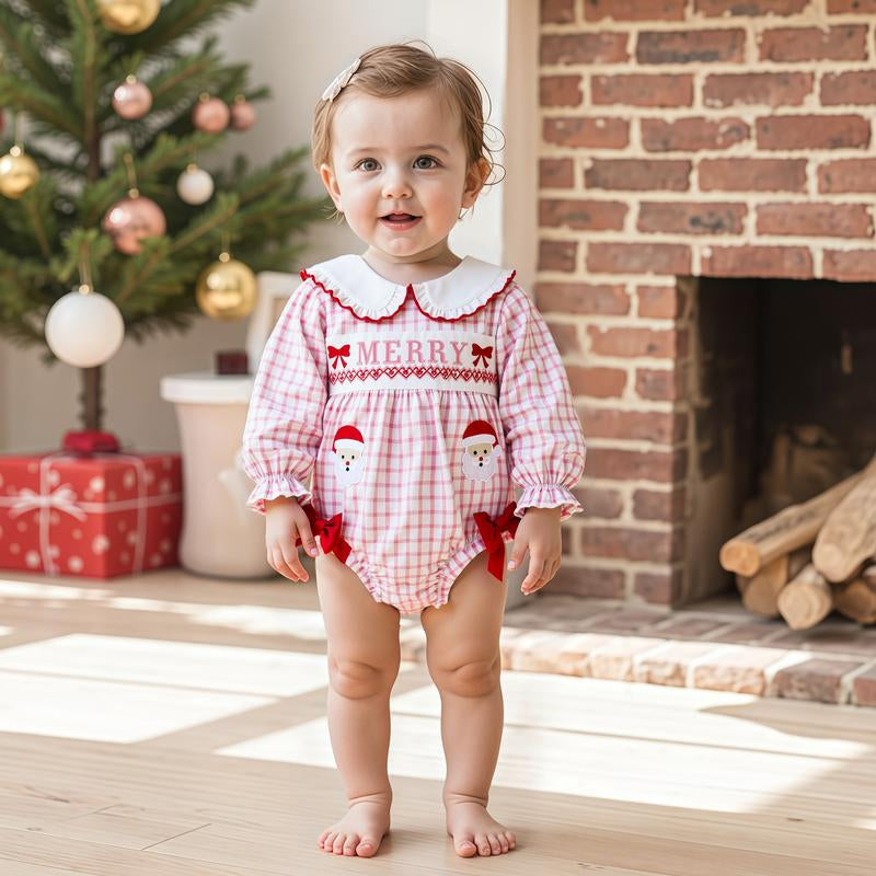 REDWOON Newborn Infant Baby Girl Christmas Outfit Santa Embroidery Long Sleeve Smocked Bubble Romper Ruffle Bodysuit 0-18 Months